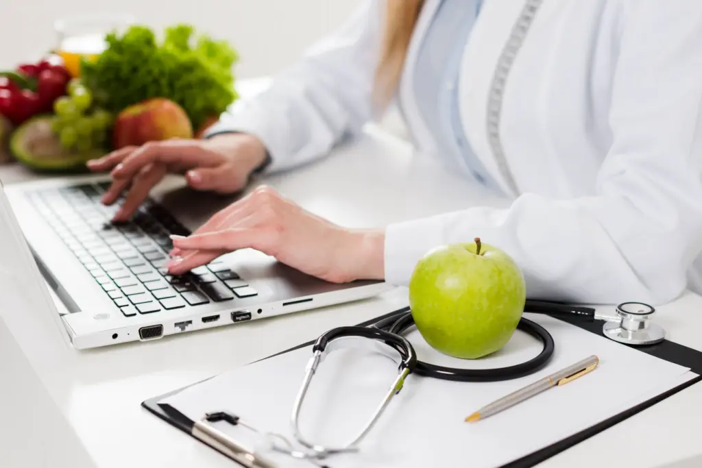 diet concept with female scientist healthy food 1