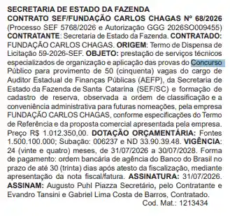 Concurso Sefaz SC: Contrato com a banca assinado! Edital em breve! 1 concurso sefaz sc