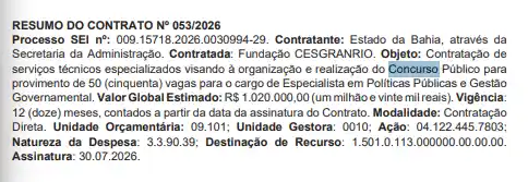 Concurso EPPGG BA: Contrato com a Cesgranrio é assinado! 1 concurso EPPGG BA