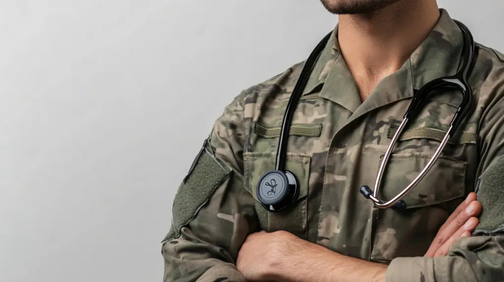 military medic holding stethoscope light background 1 1
