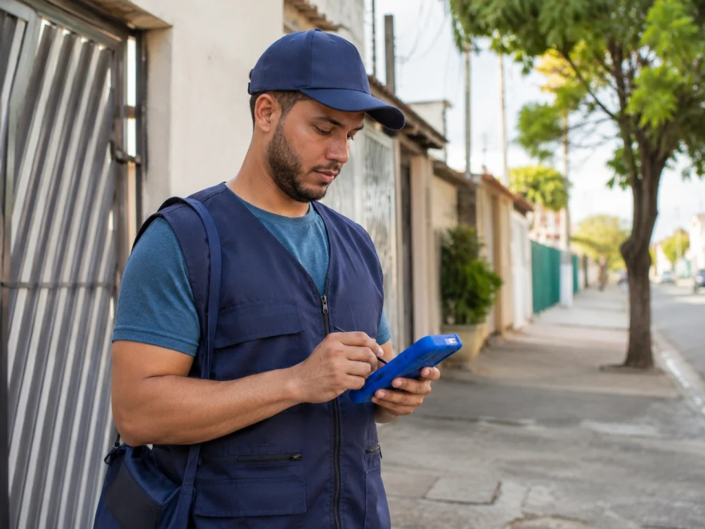 Homem usando dispositivo eletrônico azul na rua para coleta de dados concurso IBGE