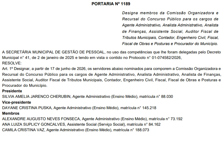 comissão formada do concurso prefeitura de curitiba pr 