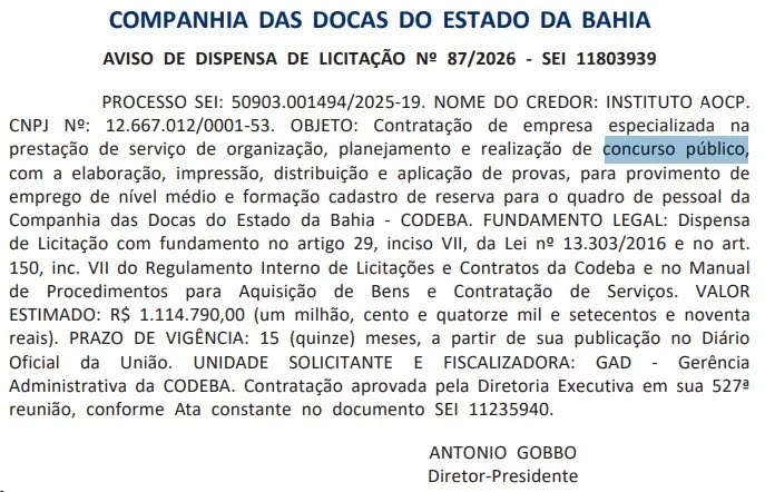 Concurso Codeba tem banca definida, o Instituto AOCP! 1 concurso codeba tem banca definida