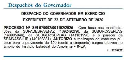 despacho do governador concurso inea rj é autorizado