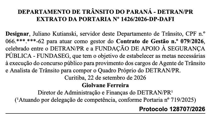 Concurso Detran PR: Fundaseg é a banca contratada 1 extrato concurso detran pr banca contratada