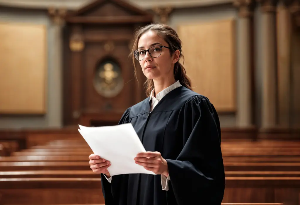 concurso tj mt tribunal mulher de toga segurando documentos em sala de audiência