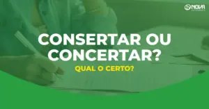 mulher escrevendo no caderno representa dúvida sobre consertar ou concertar