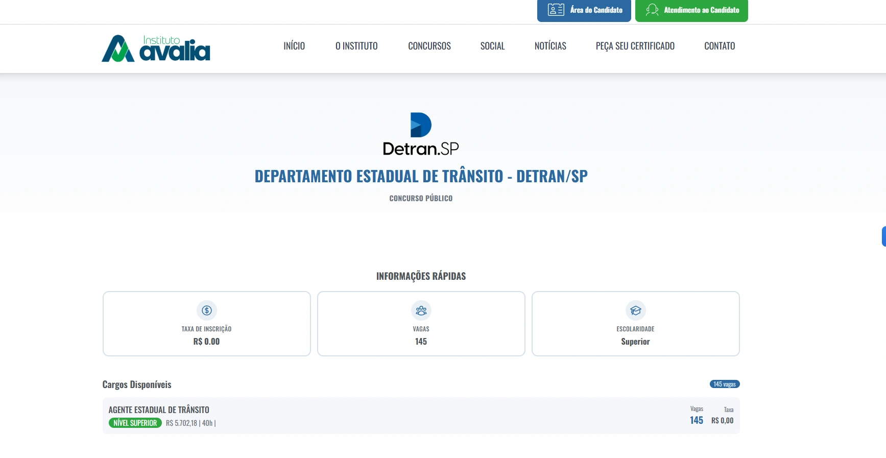 página do concurso detran sp no site da banca instituto avalia