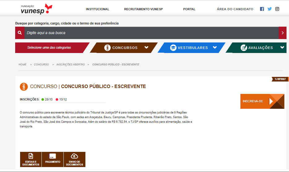 Concurso TJ SP inscrições abertas: Escrevente e Oficial 2 Página da Fundação Vunesp, com o concurso TJ SP inscrições abertas, após a seleção do cargo.