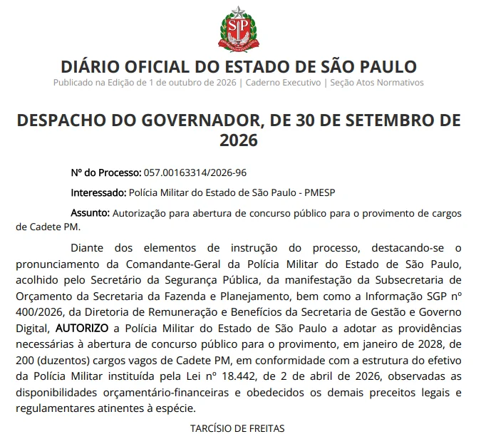 Concurso PM SP: 200 vagas autorizadas para Oficial 1 Concurso PM SP Autorização despacho do governador