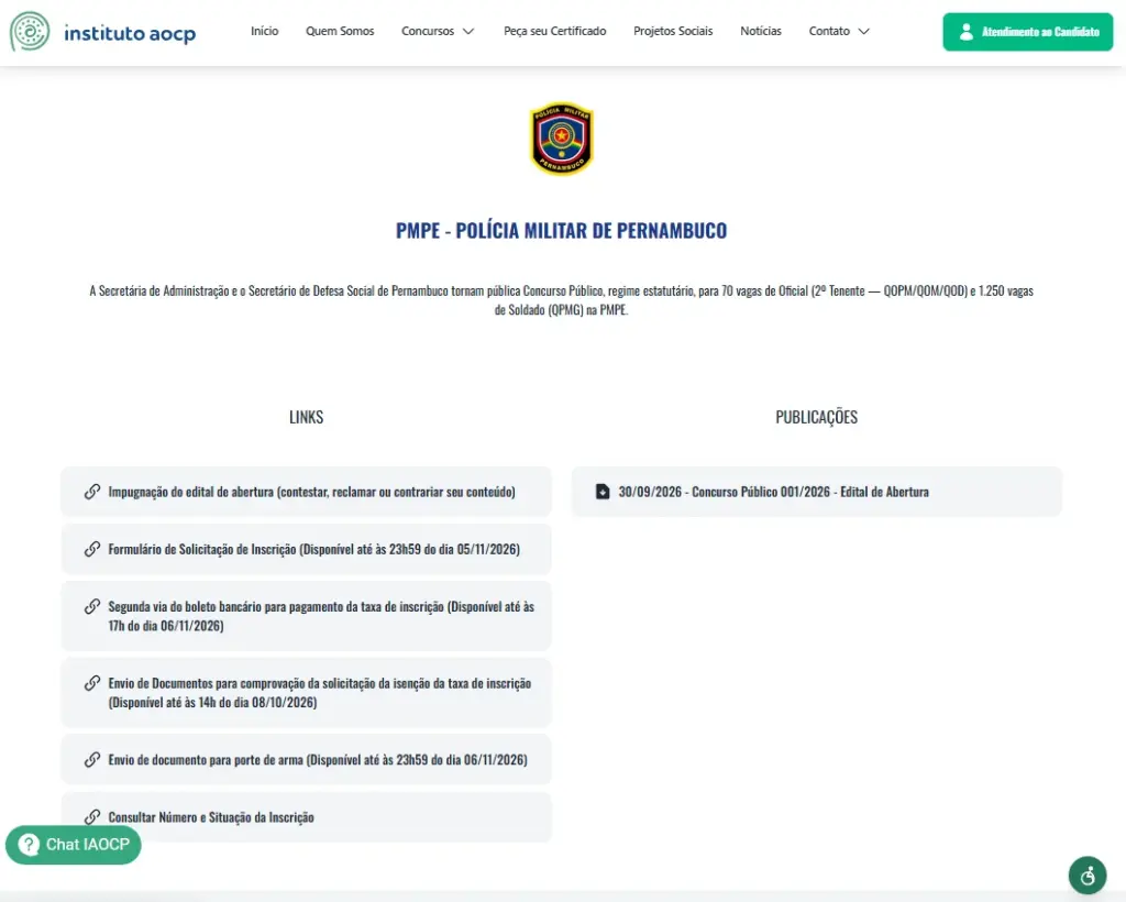 concurso pm pe página do instituto aocp com edital e links de inscrição