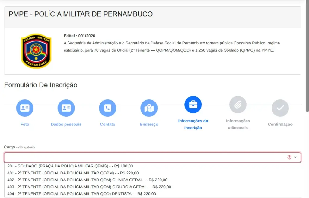 concurso pm pe formulário de inscrição com opções de cargos e taxas