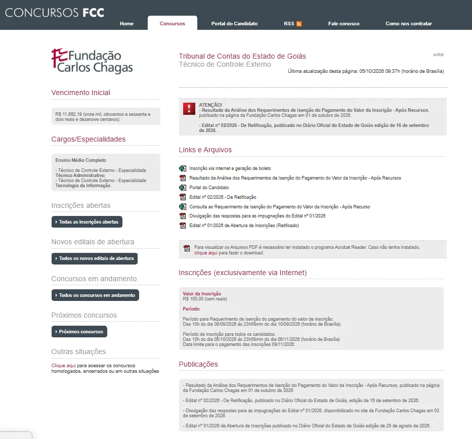 concurso tce go página da fcc com edital cargos salários e links de inscrição