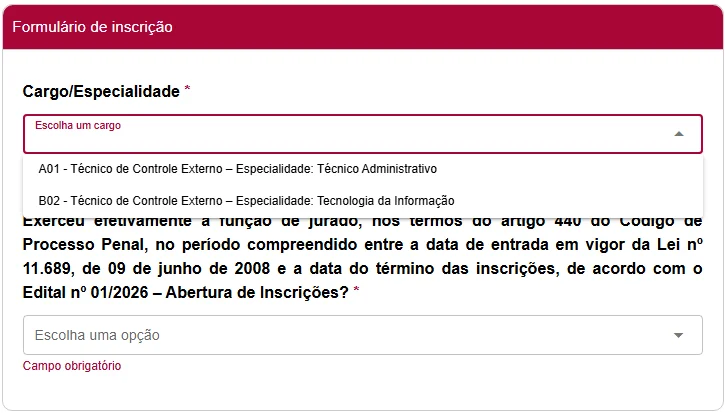 concurso tce go formulário de inscrição com opções de cargo e especialidade