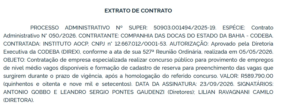Concurso Codeba banca contratada: contrato de R$ 589 mil 1 extrato de contrato concurso codeba banca contratada